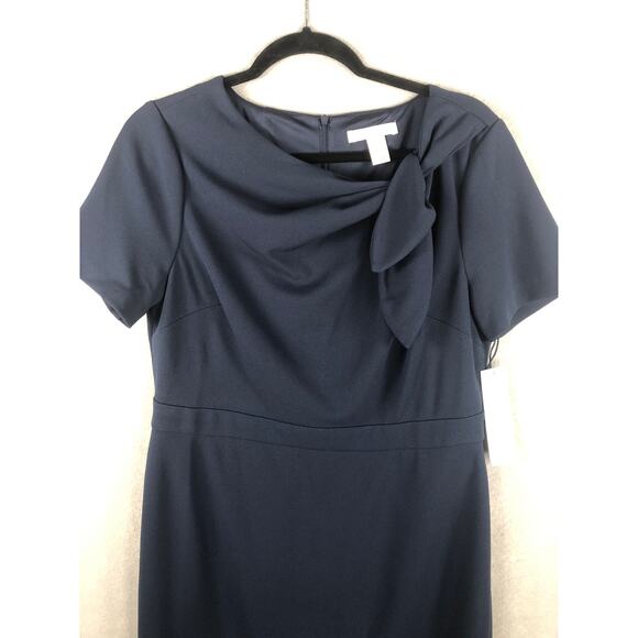 London Times Sheath Dress Petite Women's Size 12P Bow Neck Navy NEW - Picture 2 of 9